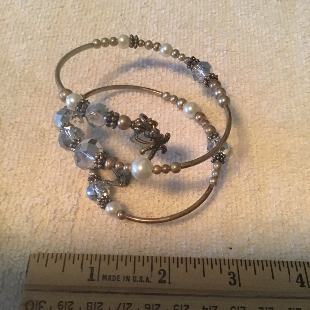 Silver ,sea glass  and crystal flexible bracelet